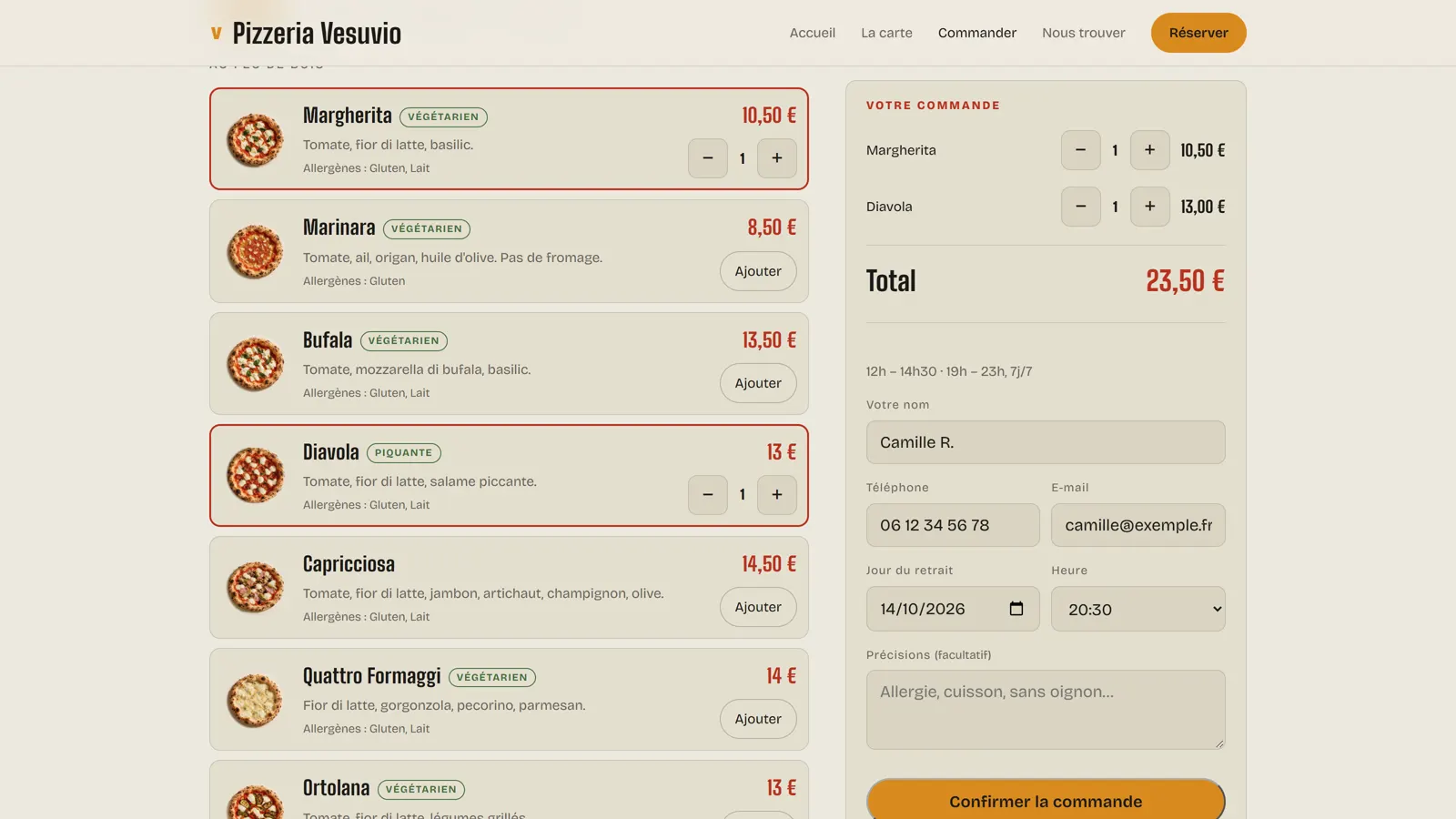 Page Commander du site Vesuvio : deux pizzas dans le panier, total 23,50 €